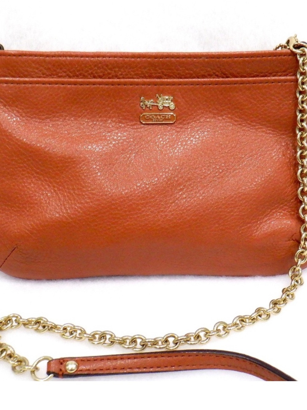 Coach Madison Isabelle crossbody brown leather bag & gold chain strap hardware.